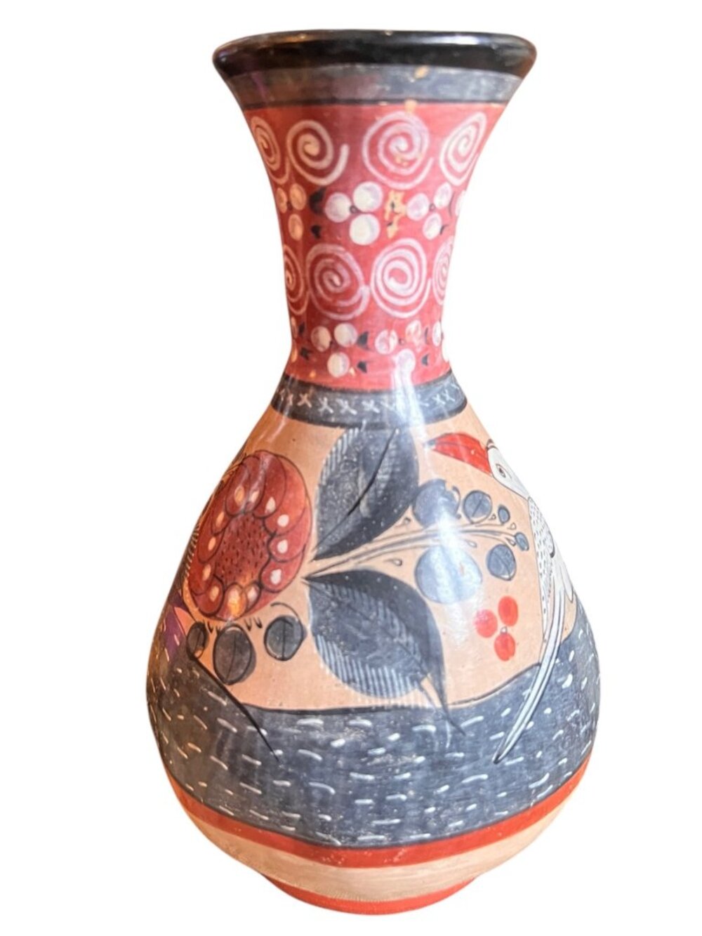 Signed Mateos Vase Handmade Tonala Pottery 9" T Bird Floral Design VTG Mexico - Picture 3 of 15